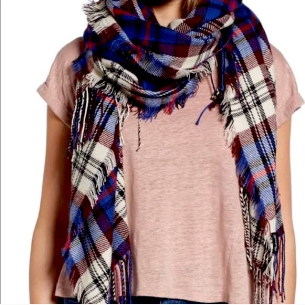 Madewell Plaid Fringe Blanket Scarf in Red, Blue, and White